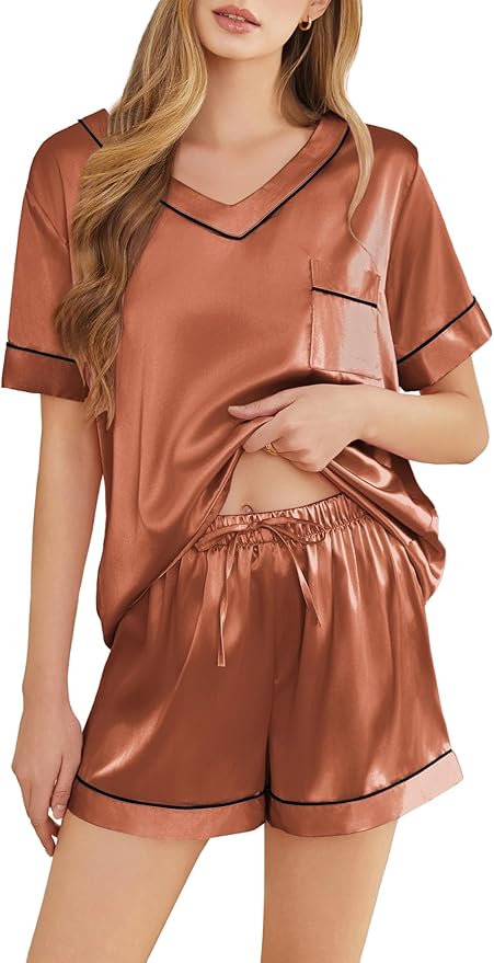 Women's Satin Pajama Set - Short Sleeve - 2 Piece