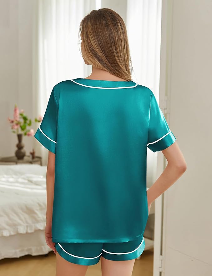 Women's Satin Pajama Set - Short Sleeve - 2 Piece