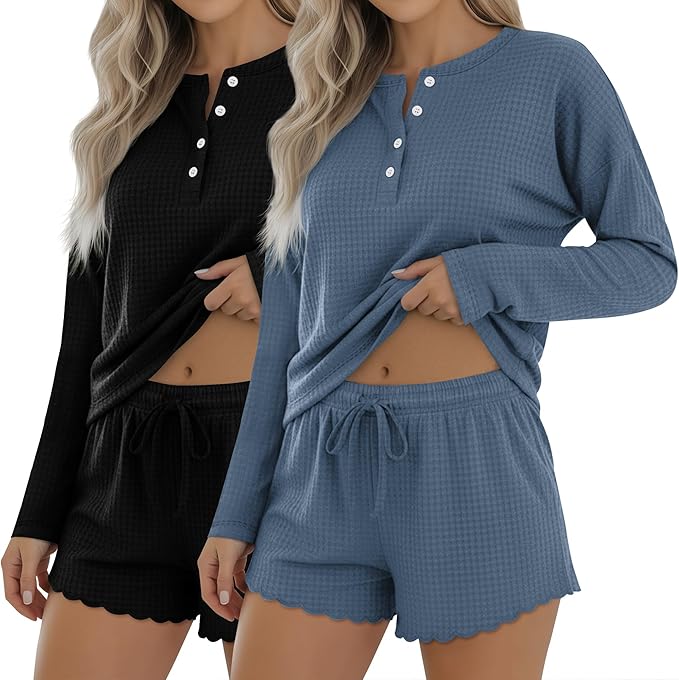Women's Shorts Pajama Set - Long Sleeve - 2 Pack - 2 Piece
