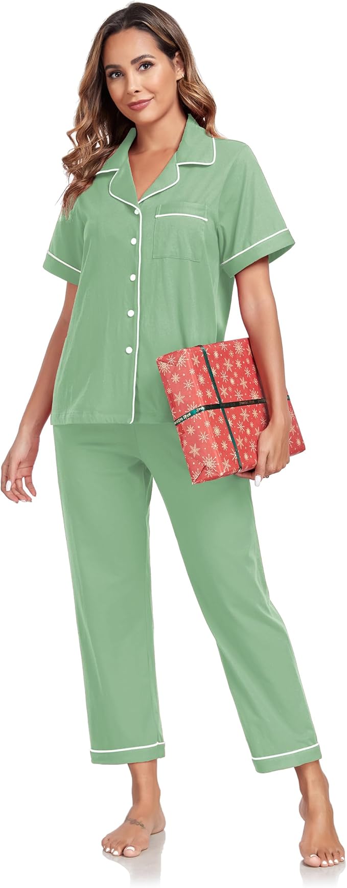 Women's 100% Cotton Pants Pajama Set - Short Sleeve - 2 Piece