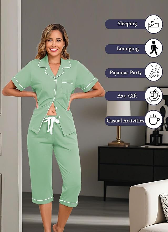 Women's 100% Cotton Capri Pajama Set - Short Sleeve - 2 Piece