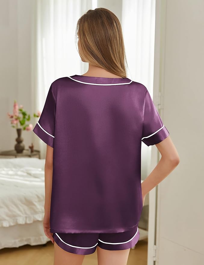 Women's Satin Pajama Set - Short Sleeve - 2 Piece