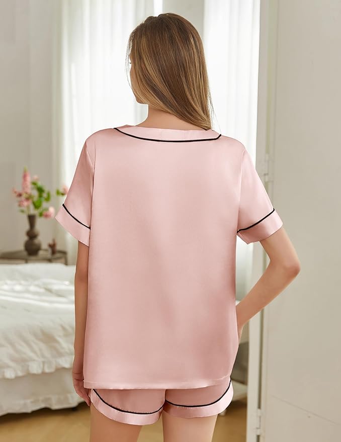 Women's Satin Pajama Set - Short Sleeve - 2 Piece