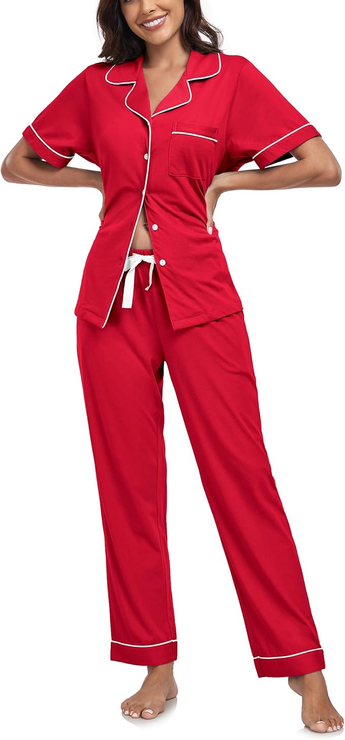 Women's 100% Cotton Pants Pajama Set - Short Sleeve - 2 Piece