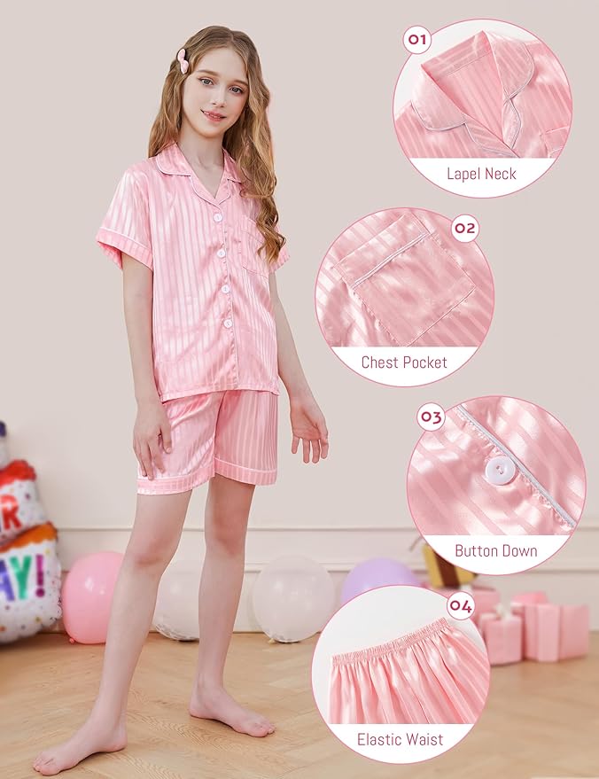 Satin Pajama Set - Short Sleeve - 2 Piece
