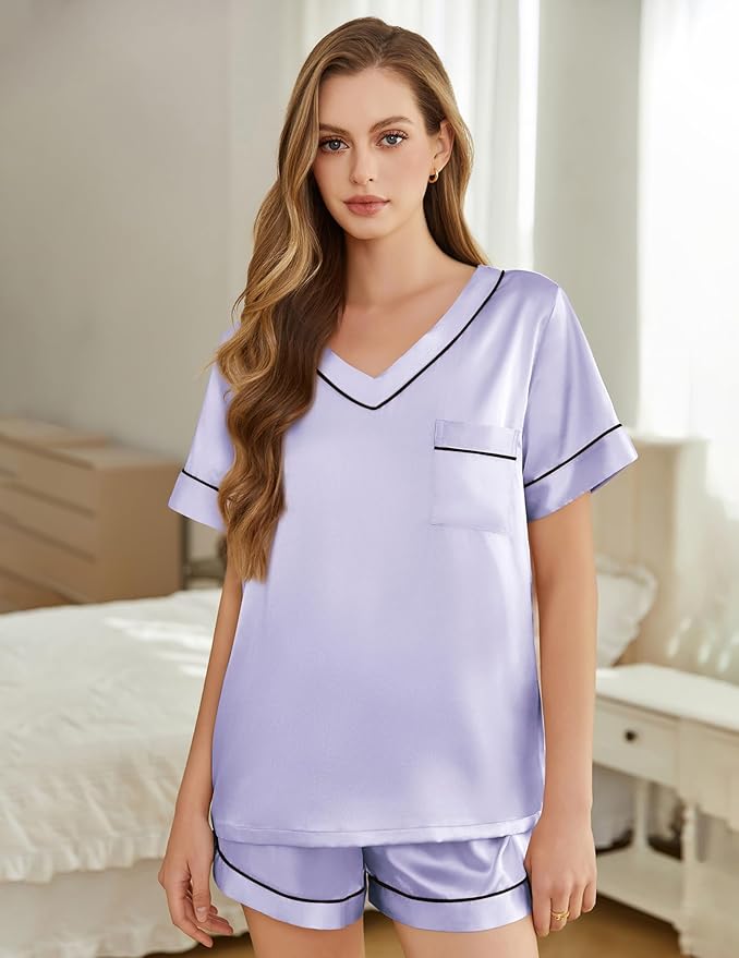 Women's Satin Pajama Set - Short Sleeve - 2 Piece