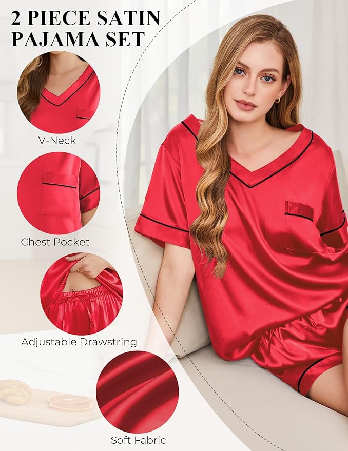 Women's Satin Pajama Set - Short Sleeve - 2 Piece