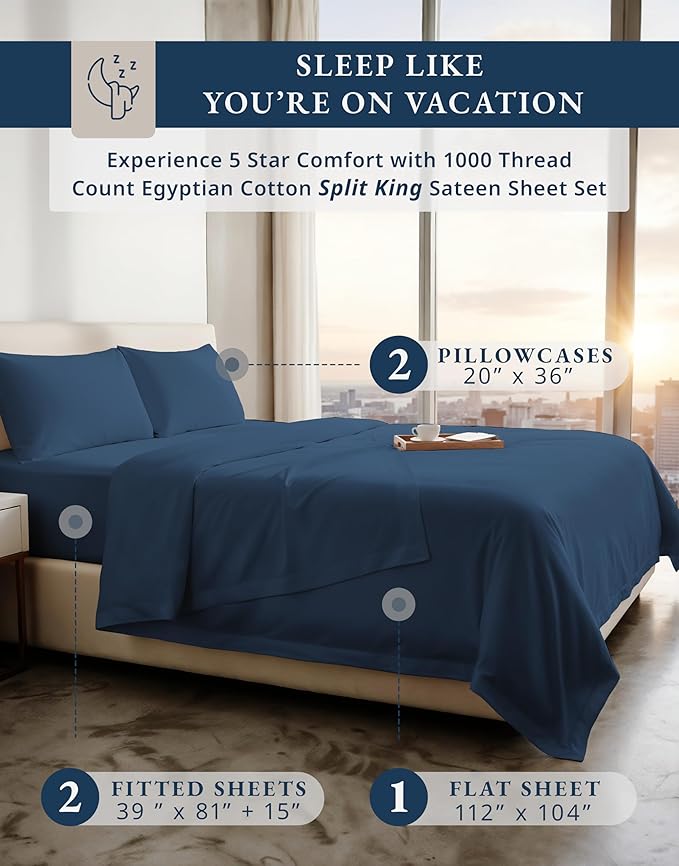 100% Cotton Bed Sheet Set - Split King - 15 in Deep Pocket
