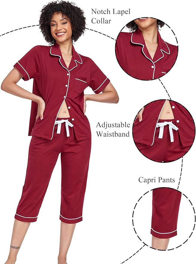 Women's 100% Cotton Capri Pajama Set - Short Sleeve - 2 Piece