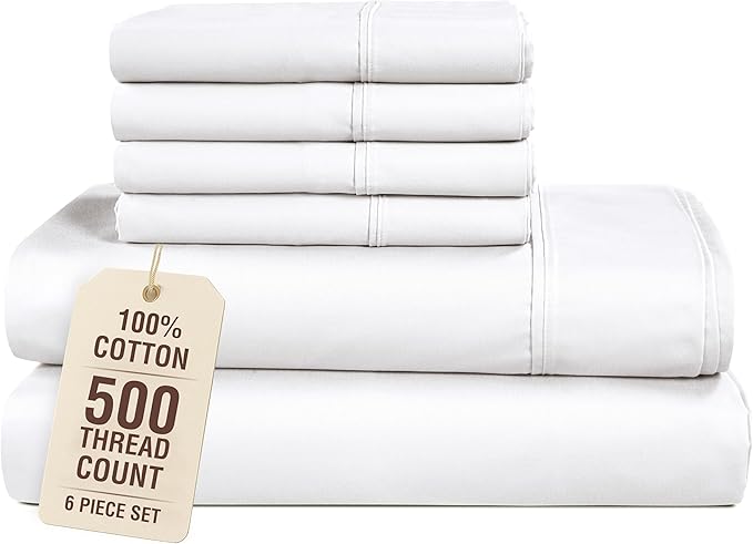 100% Cotton Bed Sheet Set - California King - 15 in Deep Pocket - 6 Piece