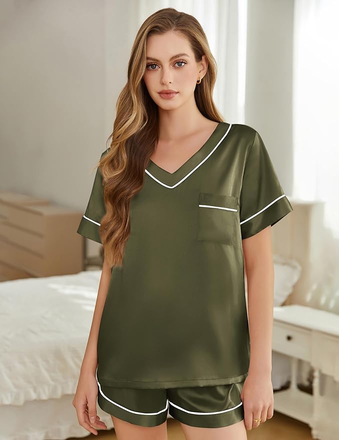 Women's Satin Pajama Set - Short Sleeve - 2 Piece