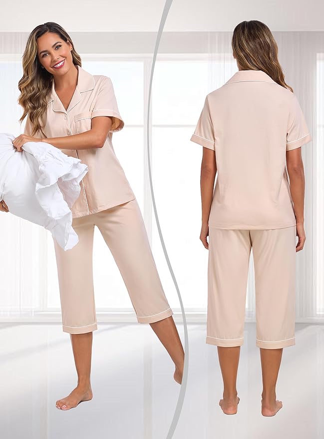 Women's 100% Cotton Capri Pajama Set - Short Sleeve - 2 Piece