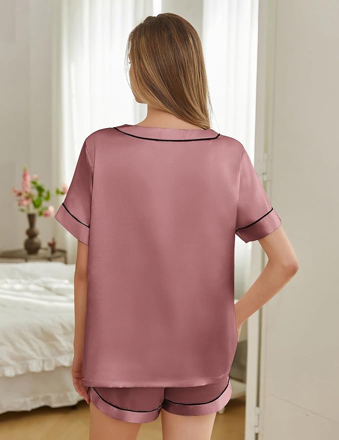 Women's Satin Pajama Set - Short Sleeve - 2 Piece