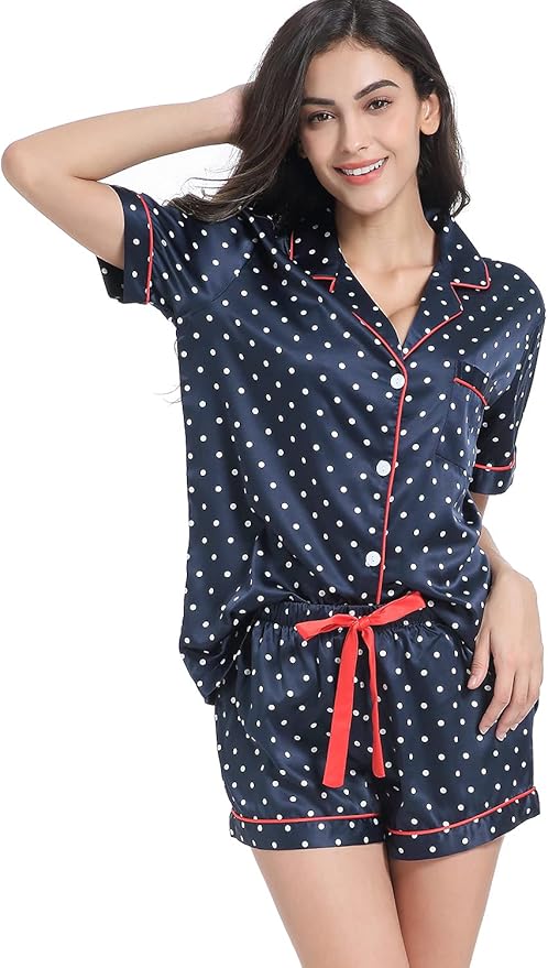 Women's Satin Pajama Set - Short Sleeve - 2 Piece