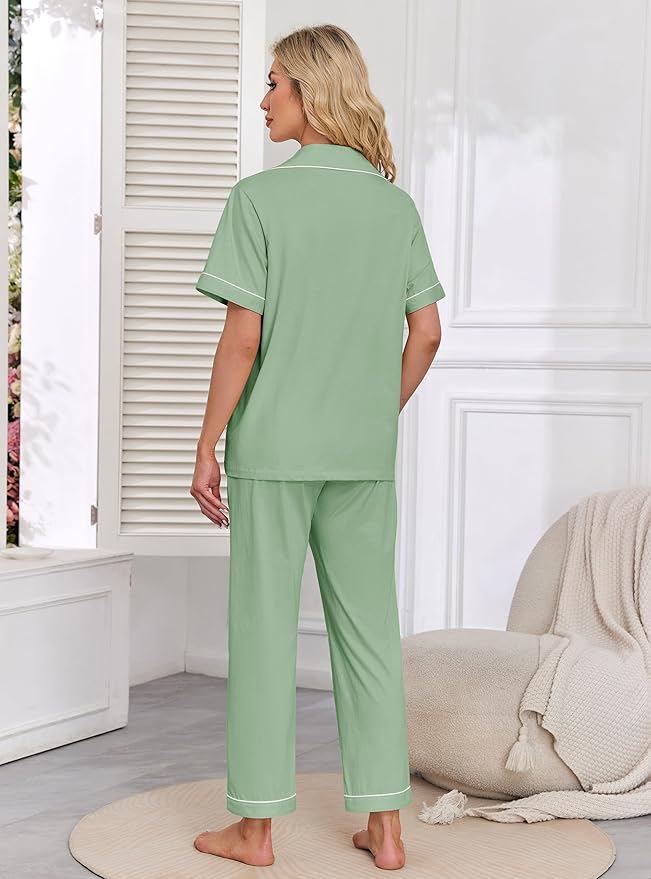 Women's 100% Cotton Pants Pajama Set - Short Sleeve - 2 Piece