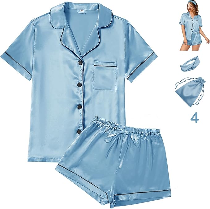 Satin Pajama Set - Short Sleeve - 4 Piece