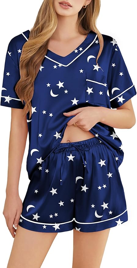 Women's Satin Pajama Set - Short Sleeve - 2 Piece