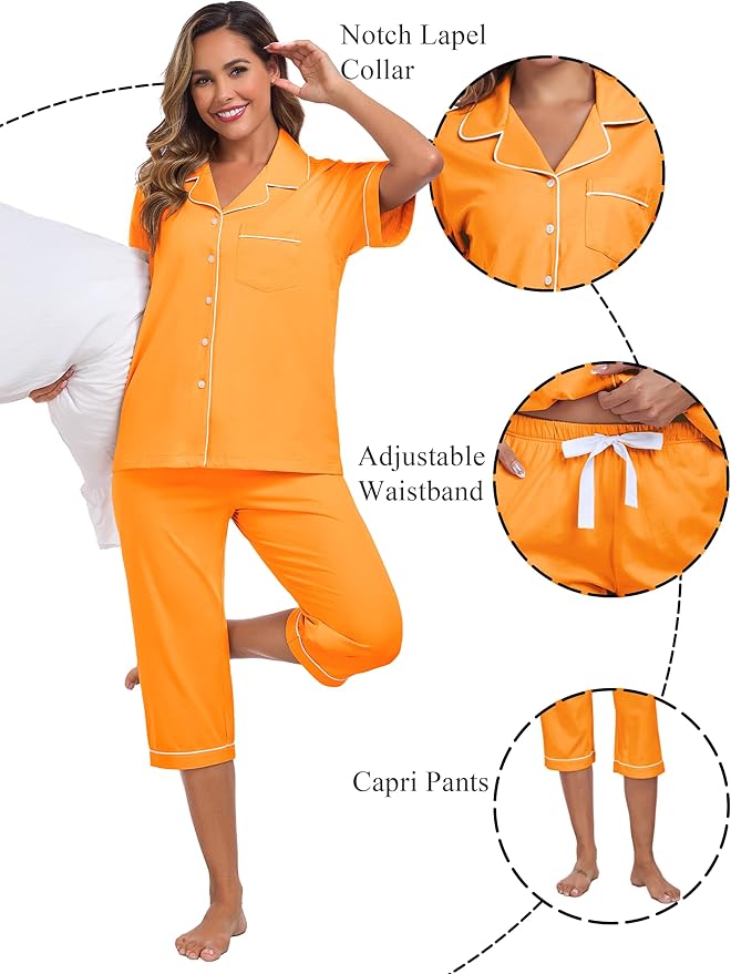 Women's 100% Cotton Capri Pajama Set - Short Sleeve - 2 Piece