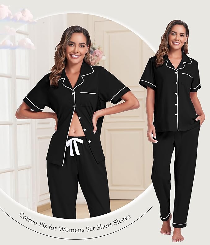Women's 100% Cotton Pants Pajama Set - Short Sleeve - 2 Piece