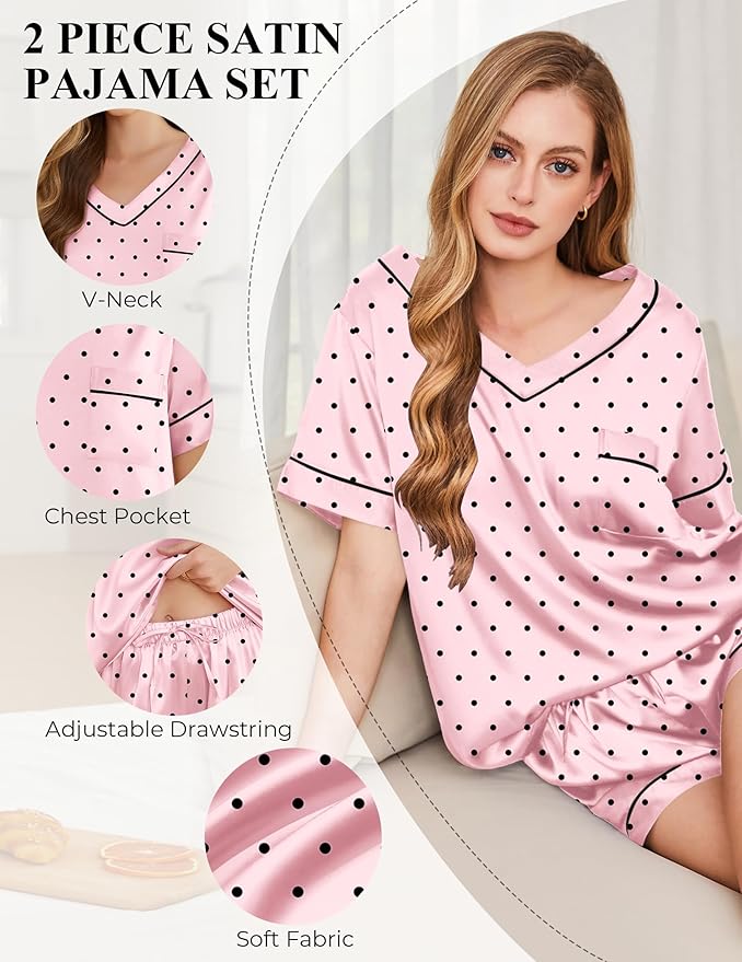 Women's Satin Pajama Set - Short Sleeve - 2 Piece