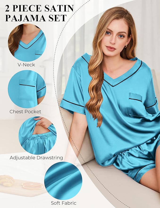 Women's Satin Pajama Set - Short Sleeve - 2 Piece