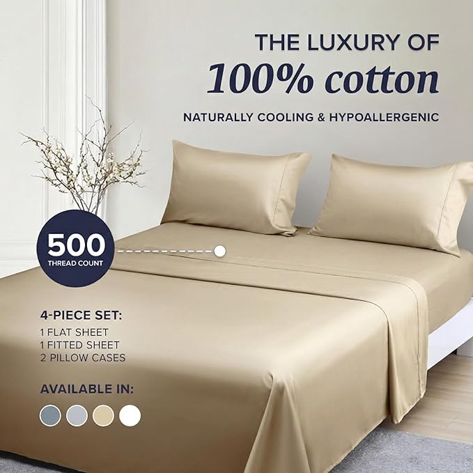 100% Cotton Bed Sheet Set - King - 4 Piece