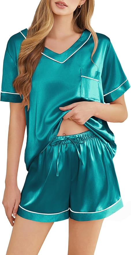 Women's Satin Pajama Set - Short Sleeve - 2 Piece