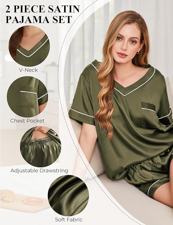 Women's Satin Pajama Set - Short Sleeve - 2 Piece