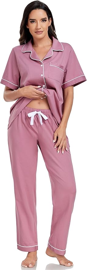 Women's 100% Cotton Pants Pajama Set - Short Sleeve - 2 Piece