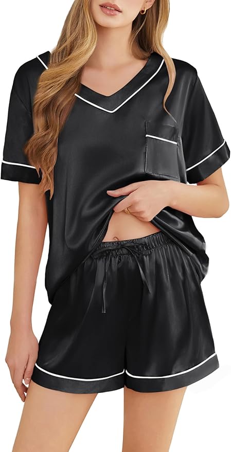 Women's Satin Pajama Set - Short Sleeve - 2 Piece