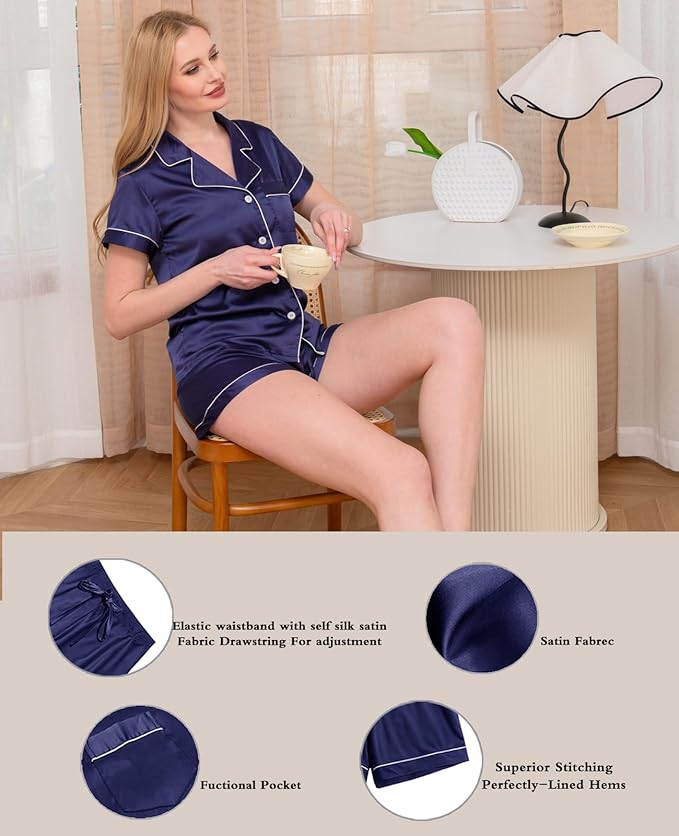 Satin Pajama Set - Short Sleeve - 4 Piece
