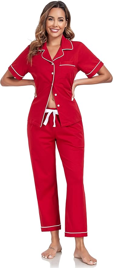 Women's 100% Cotton Pants Pajama Set - Short Sleeve - 2 Piece
