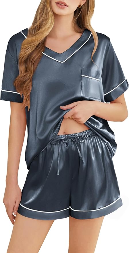Women's Satin Pajama Set - Short Sleeve - 2 Piece