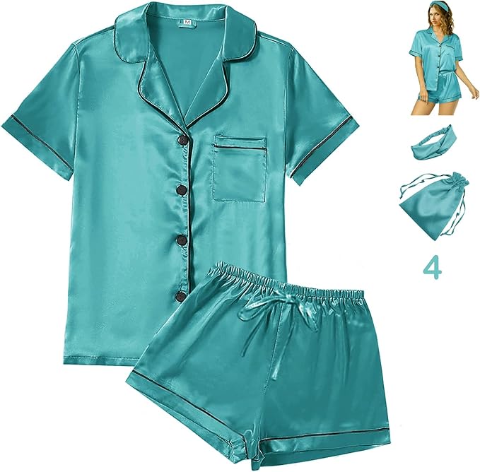 Satin Pajama Set - Short Sleeve - 4 Piece