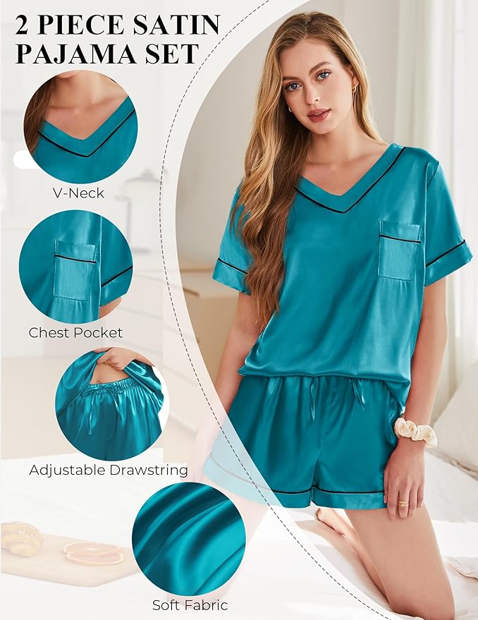 Women's Satin Pajama Set - Short Sleeve - 2 Piece