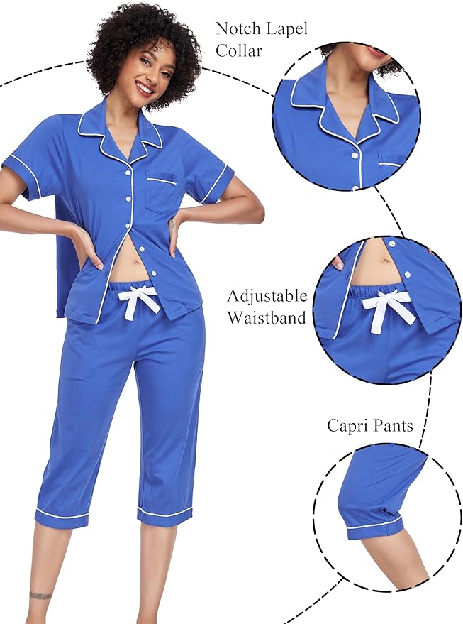 Women's 100% Cotton Capri Pajama Set - Short Sleeve - 2 Piece