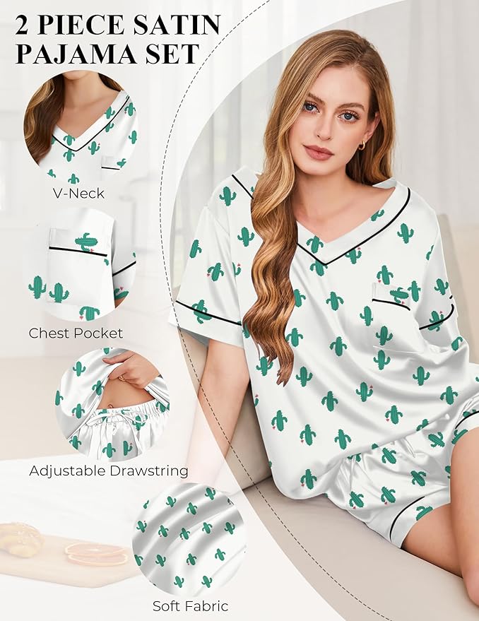 Women's Satin Pajama Set - Short Sleeve - 2 Piece