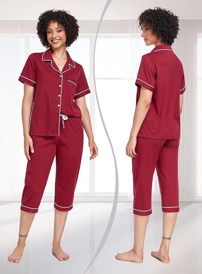 Women's 100% Cotton Capri Pajama Set - Short Sleeve - 2 Piece