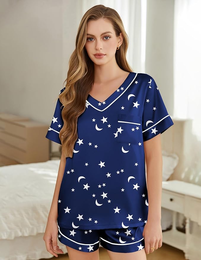 Women's Satin Pajama Set - Short Sleeve - 2 Piece
