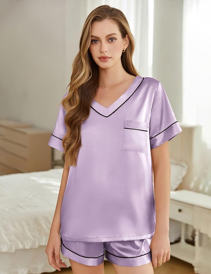 Women's Satin Pajama Set - Short Sleeve - 2 Piece