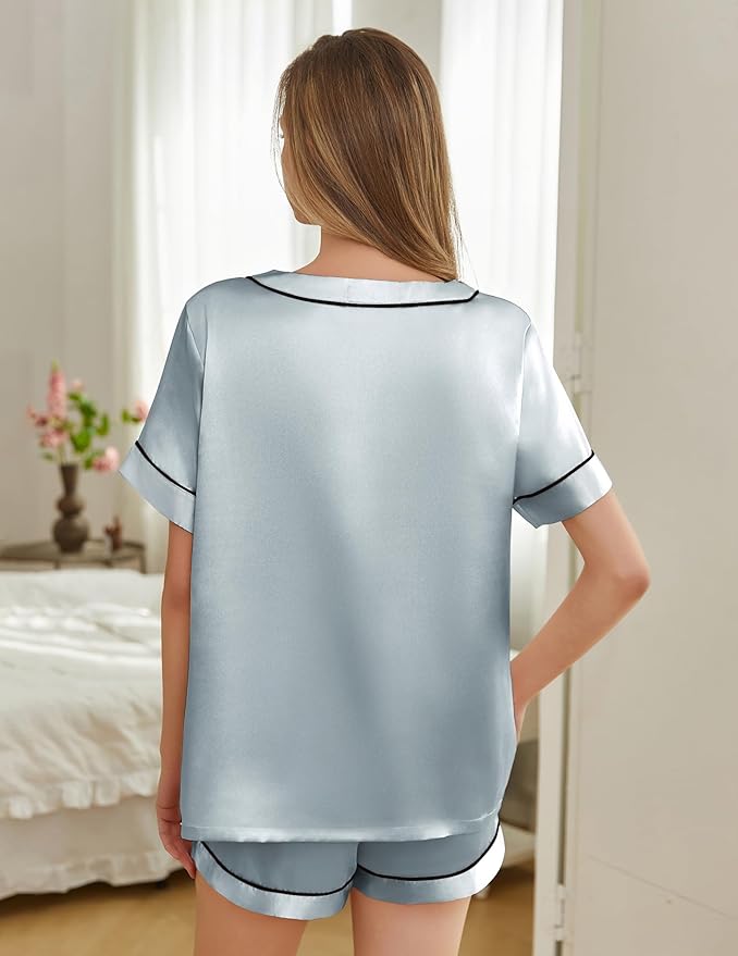 Women's Satin Pajama Set - Short Sleeve - 2 Piece