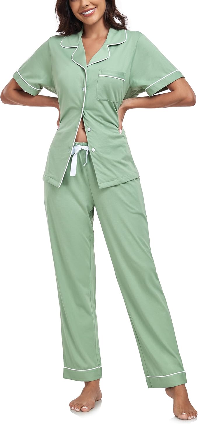 Women's 100% Cotton Pants Pajama Set - Short Sleeve - 2 Piece