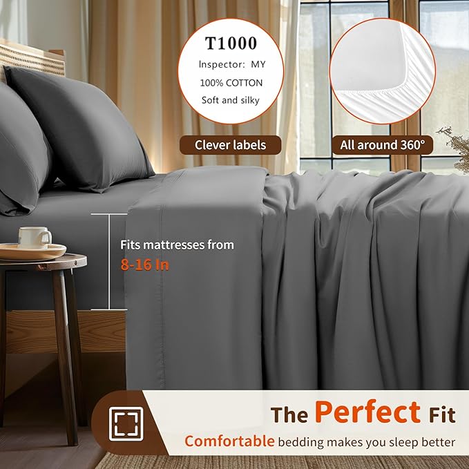 100% Cotton Bed Sheet Set - California King - 16 in Deep Pocket - 4 Piece