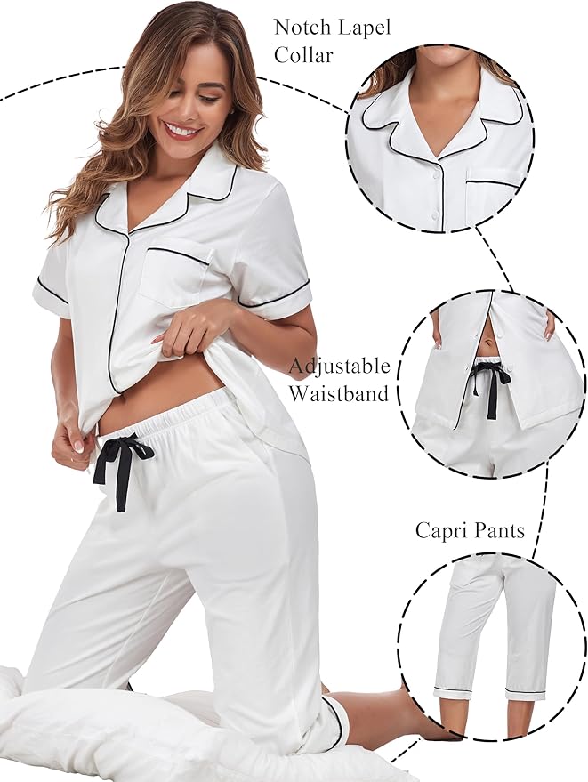 Women's 100% Cotton Capri Pajama Set - Short Sleeve - 2 Piece