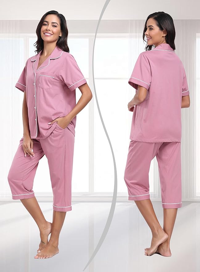 Women's 100% Cotton Capri Pajama Set - Short Sleeve - 2 Piece