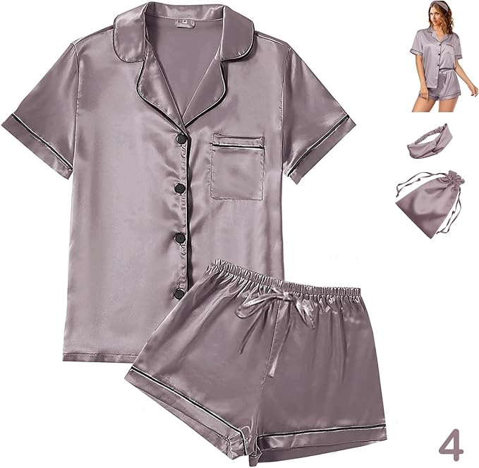 Satin Pajama Set - Short Sleeve - 4 Piece