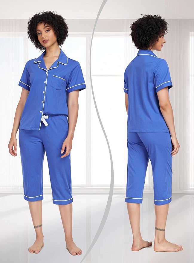 Women's 100% Cotton Capri Pajama Set - Short Sleeve - 2 Piece