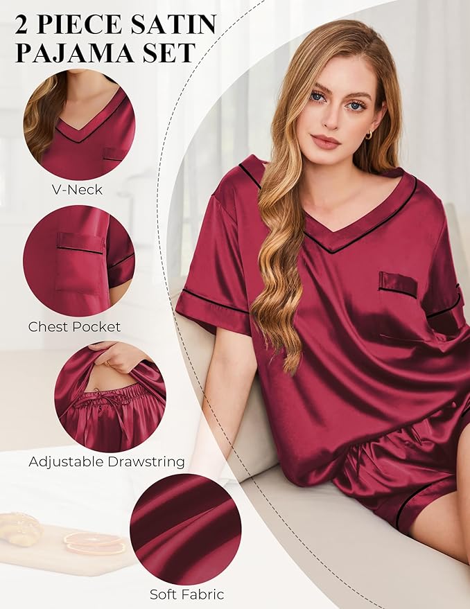 Women's Satin Pajama Set - Short Sleeve - 2 Piece