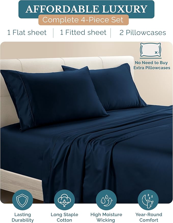 100% Cotton Bed Sheet Set - Twin - 15 in Deep Pocket - 4 Piece
