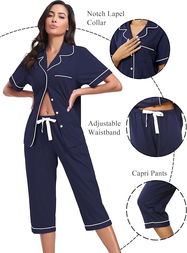 Women's 100% Cotton Capri Pajama Set - Short Sleeve - 2 Piece